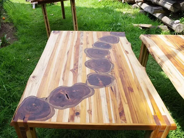 logs slides way teak table